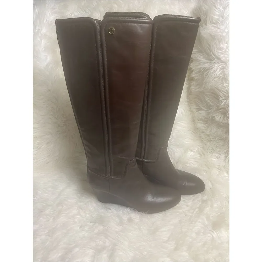 Tory Burch leather Brown Knee-High Wedge Boots back zipper gold tone accent.SZ11